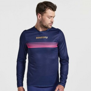 Navy Saucony Elite Long Sleeve Men's T-Shirt | USA EQMZDF