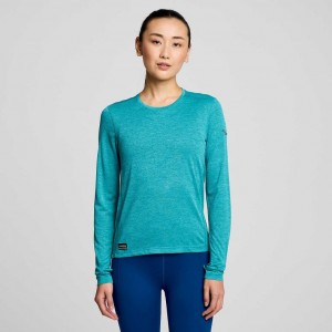 Turquoise Saucony Stopwatch Long Sleeve Women's T-Shirt | USA DHCAUV