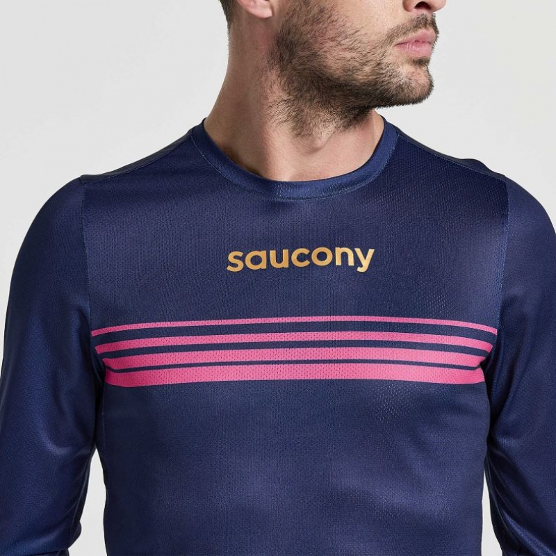 Navy Saucony Elite Long Sleeve Men's T-Shirt | USA EQMZDF