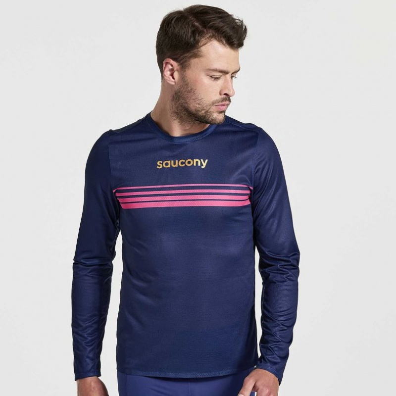 Navy Saucony Elite Long Sleeve Men\'s T-Shirt | USA EQMZDF