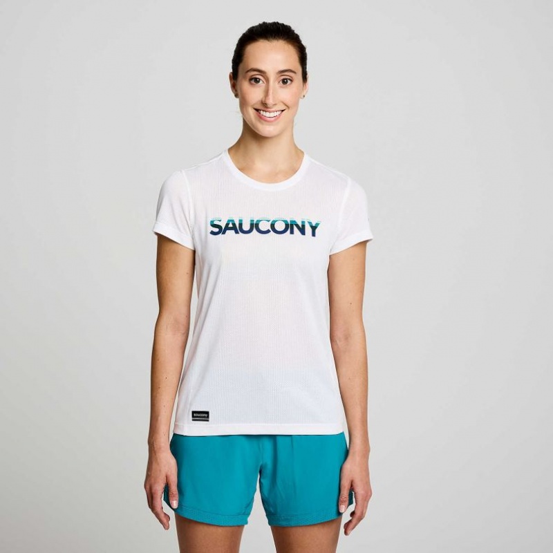 White Saucony Stopwatch Graphic Short Sleeve Women\'s T-Shirt | USA UEWJVD