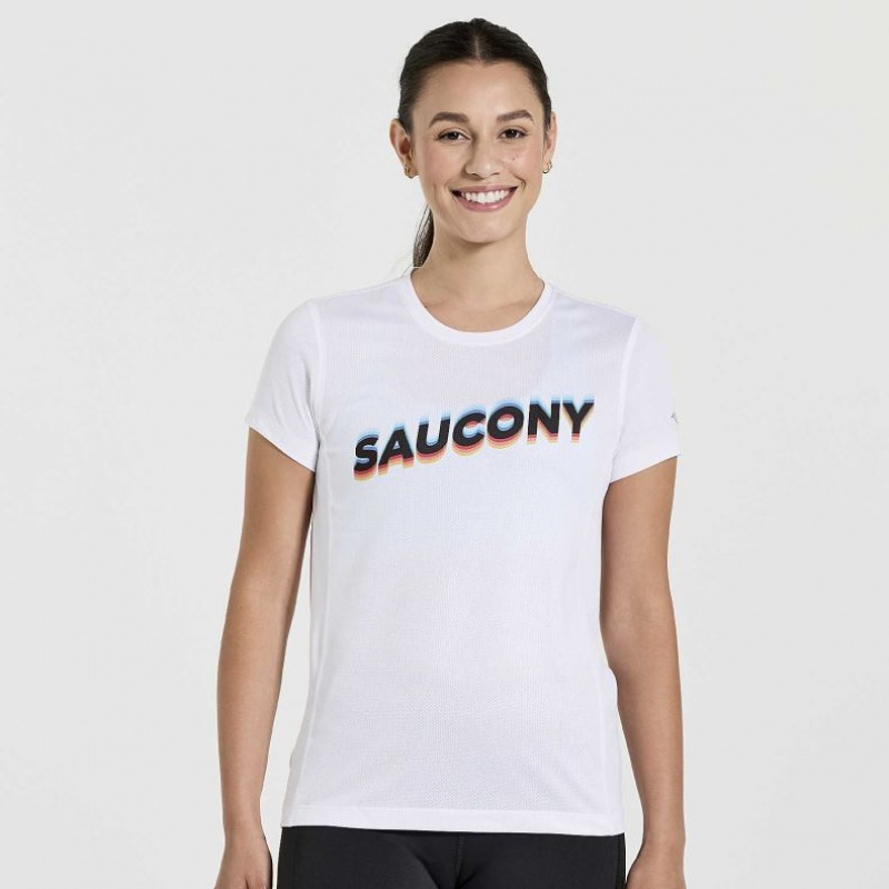 White Saucony Stopwatch Graphic Short Sleeve Women\'s T-Shirt | USA TRCAYE